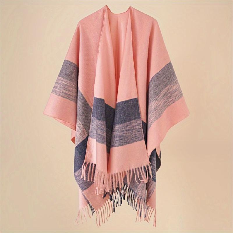 

Polyester Gradient Checkered Shawl Wrap - Winter Warm Cape Poncho with Fringe Autumn Cozy Blanket Scarf