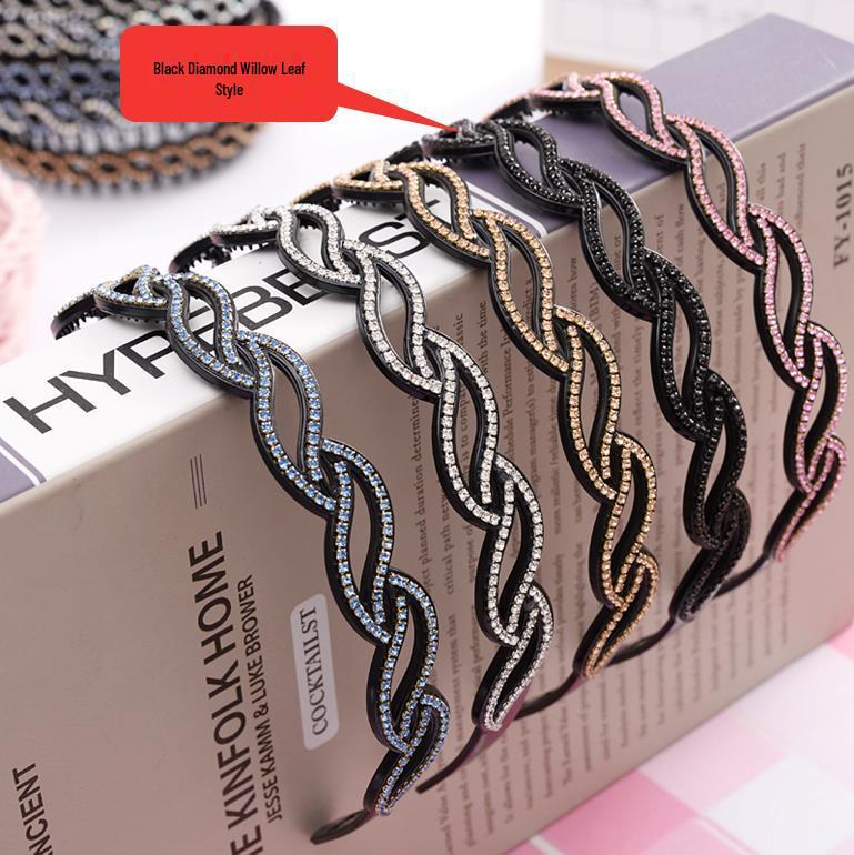 Hollow Willow Leaf Rhinestone Non-Slip Headband with Diamond Wave Design