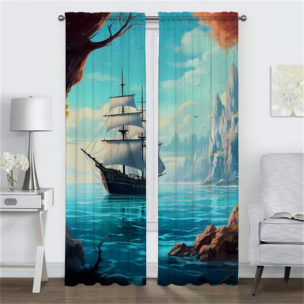 Window Curtain Room Panel Ship Illustration Partition Curtains Halloween Decoration Home Interior Shades Light Blocking Made Of Polyester