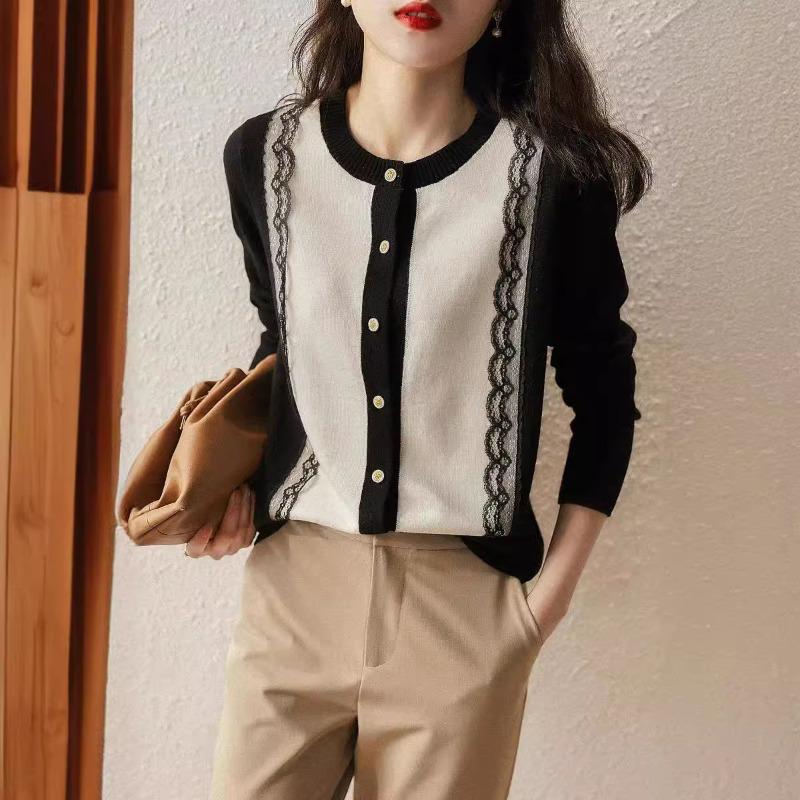 Spring Autumn Round Neck Lace Patchwork Single Breasted Knitting Coat Women Long Sleeve Cardigan Top