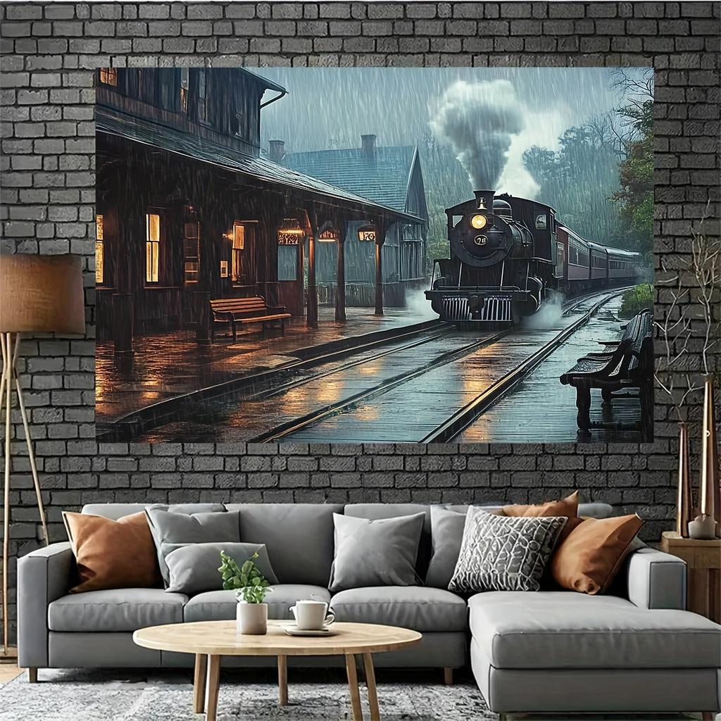 2D flat surface, 1-piece backdrop of a steam train arriving in the rain, suitable for festival photos and decoration