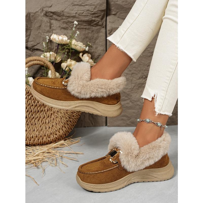 Winter New Metal Buckle Fleece Cotton Shoes Women's 2025 Plus-size Thick-soled Warm Fur Sneakers