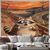 Boho Raccoon Cartoon Wall Tapestry Aesthetic Decor Ocean Sunset Wildlife Art Whimsical Woodland Mural for Living Room Bedroom Un