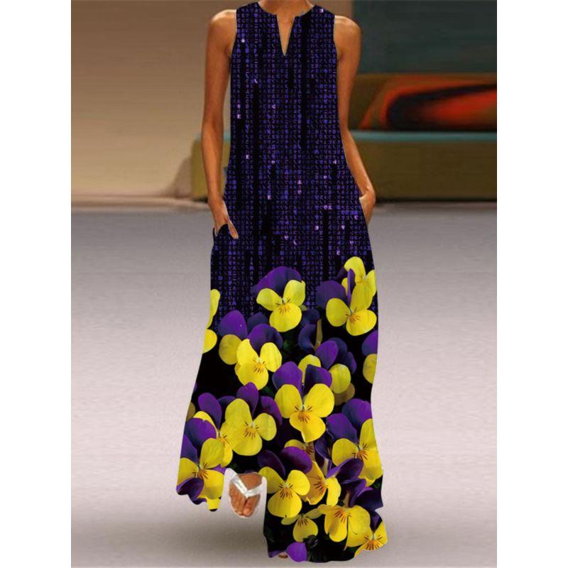 Black Dress 2025 Spring/Summer New Arrival Women's Retro Print Long Dress Chiffon V Neck Sleeveless Pocket Dress