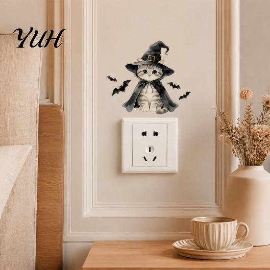 Self Adhesive Light Switch Skins Halloween Wizard Cat & Bat Sticker, Self-Adhesive Decal, Spooky Cute Room Decor Removable Wall for Bedroom