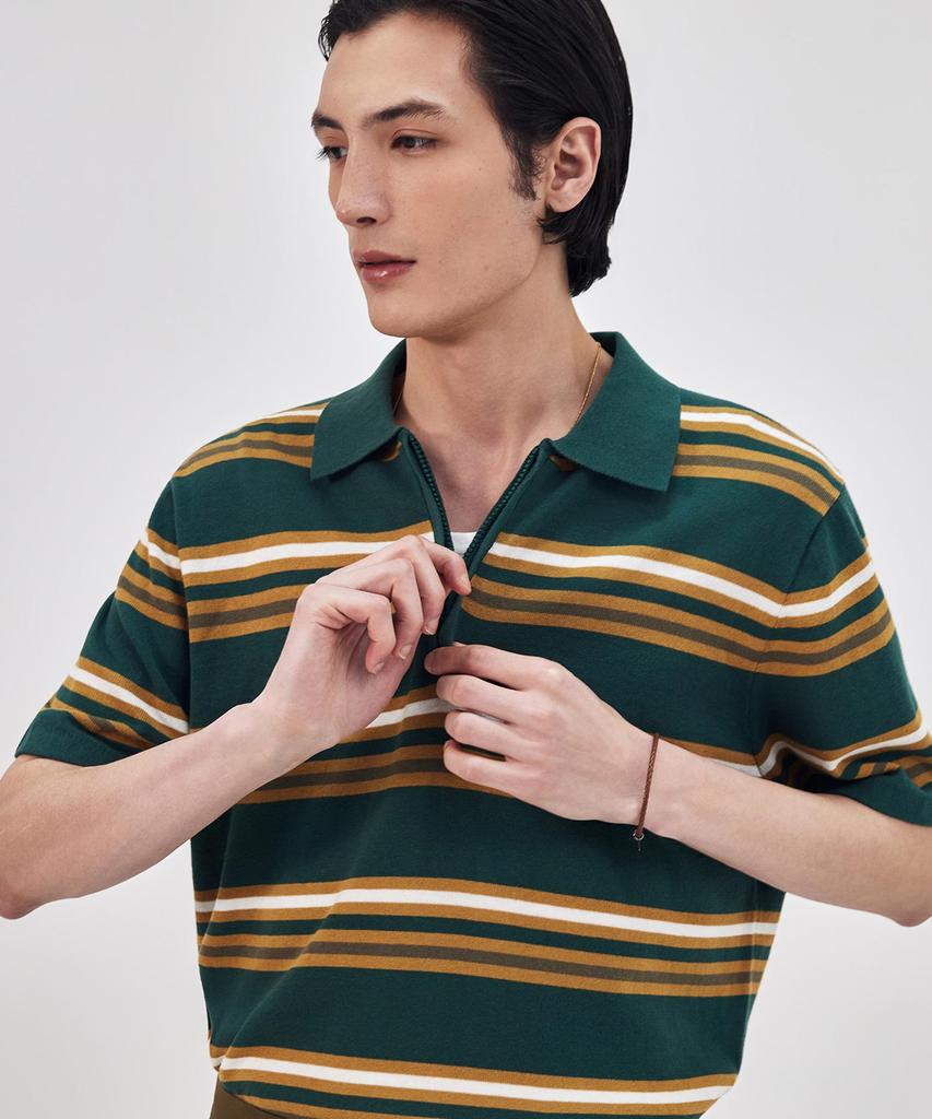 THEKNITCOMPANY Orea Stripe Zipper Polo Shirt - Posie Green
