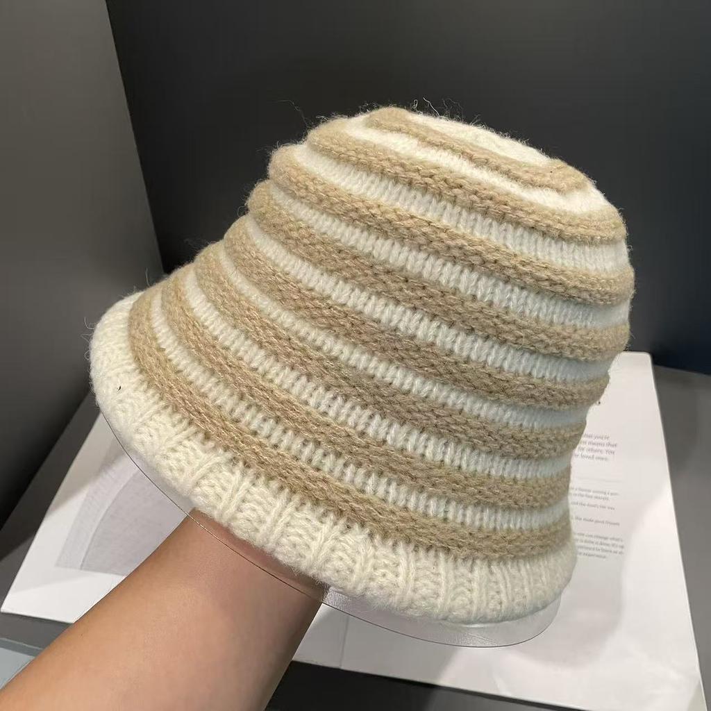 Koreanischer Stil Retro Gestreifte Gestrickte Fischerhut für Damen im Herbst und Winter Vielseitig Gesichtsfreundlich Kleines Temperament Warmer Wolliger Eimerhut