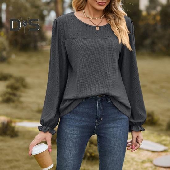 Women Tops Round Neck Puff Long Sleeve Solid Color Tee Shirt with Waffle Decoration Solid Color Loose Fit T-shirt