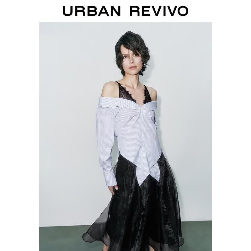 UR2025 Women s Spliced Lace Stripe Long Sleeve V-Neck Blouse XXL