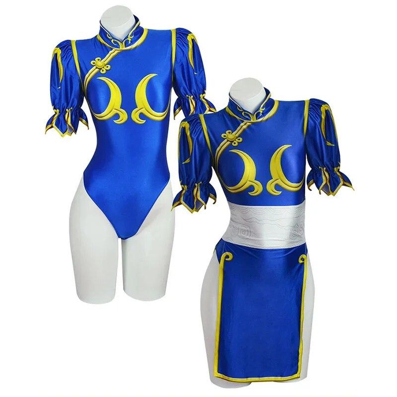 Chun Li Cosplay Costume Gioco SF Chunli Gioco di Ruolo Blu Qipao Vestito Set Completo Jackie Kung fu Halloween Party Suit Per Divertimento