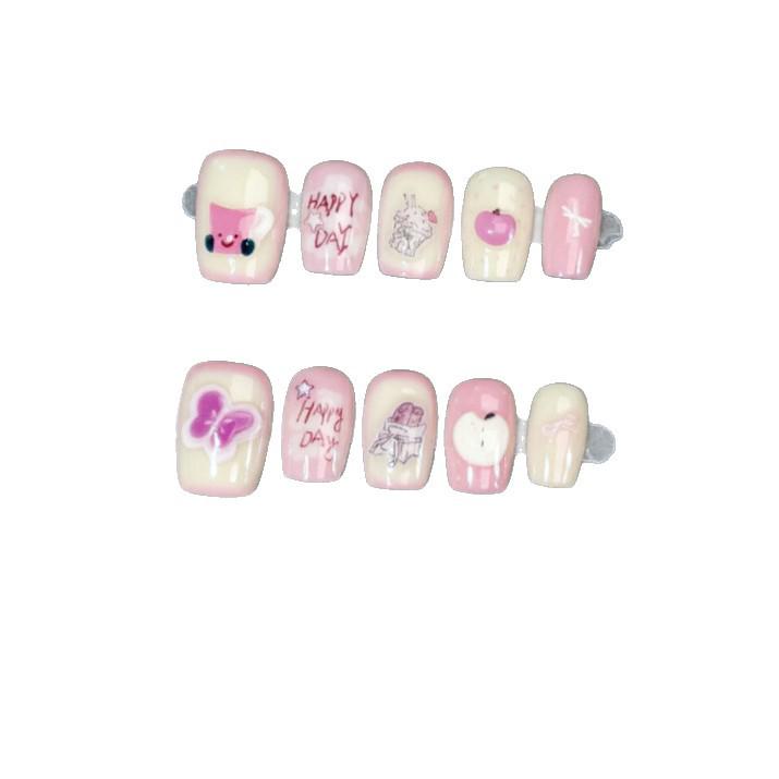 Pink Cartoon Butterfly & Heart 3D Nail Tips - Cute Girly Style Manicure