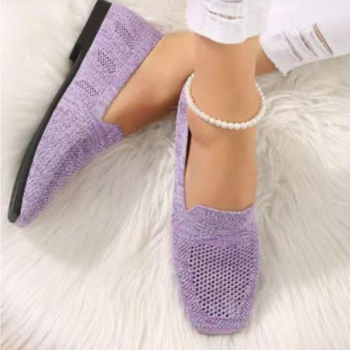 2024 NEW Solid Color Square Toe Mesh Loafers Shallow Women Flats Shoes Soft Bottom Knit Flats Mesh Shoes Casual Slip On Boat Shoes