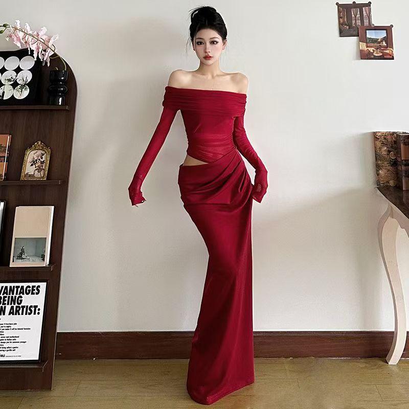Sexy Spice Girl Wind Tulle Hollow Pure Desire One-word Shoulder Early Autumn New Temperament Hip Wrap Waist Skinny Splicing Long Dress