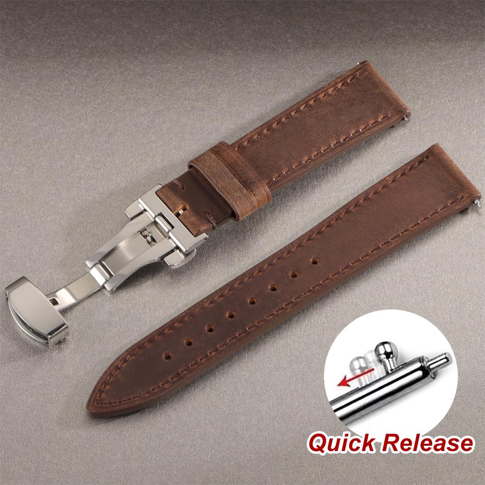 

Винтажный кожаный ремешок для часов с застежкой-бабочкой, прошитый ремешок из воловьей кожи для Omega 18/19/20/21/22/24 мм, коричневый браслет для Seiko 18mm темно-коричневого
