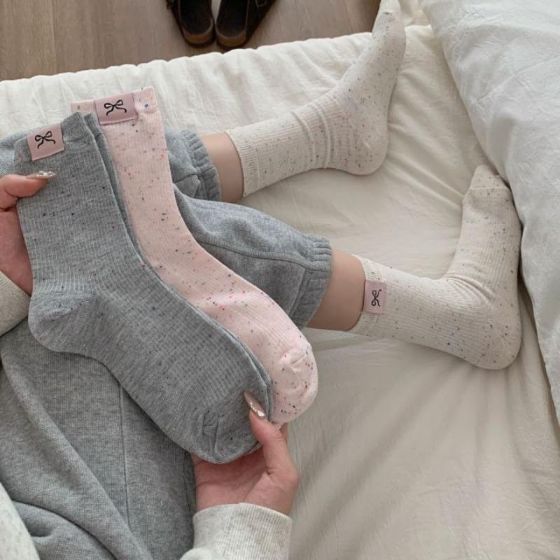 Autumn and Winter College Style Cotton Socks, Colorful Polka Dot Yarn Bow, Fabric Label Mid-calf Socks, Pile Socks for Girls