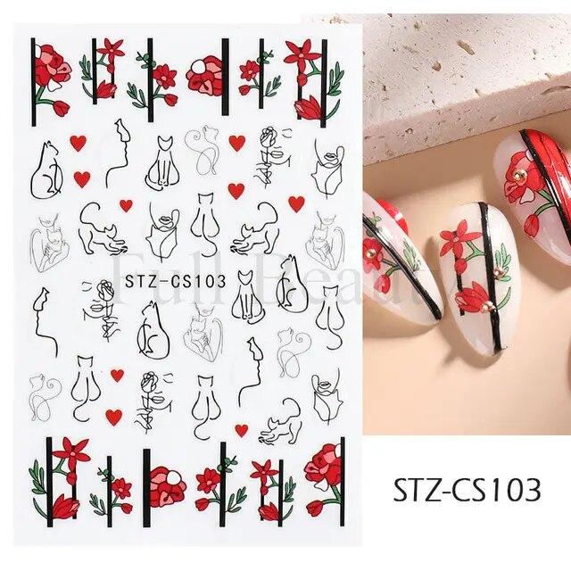 3D Nail Stickers Flowers Pink Purple Blossom Florals Leaves Decals Nail Art Adhesive Sliders Charms Manicure Decorations TRCA769