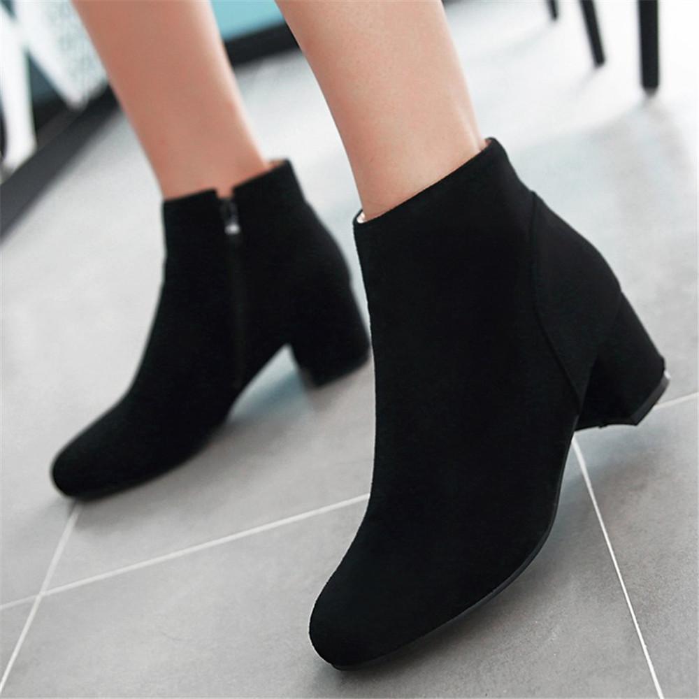 Fashion Spring Autumn Classic Flock Women Ankle Boots Fashion Female Boats Mujer Chunky Heels Comfortable Side Zip Short Bare Booties