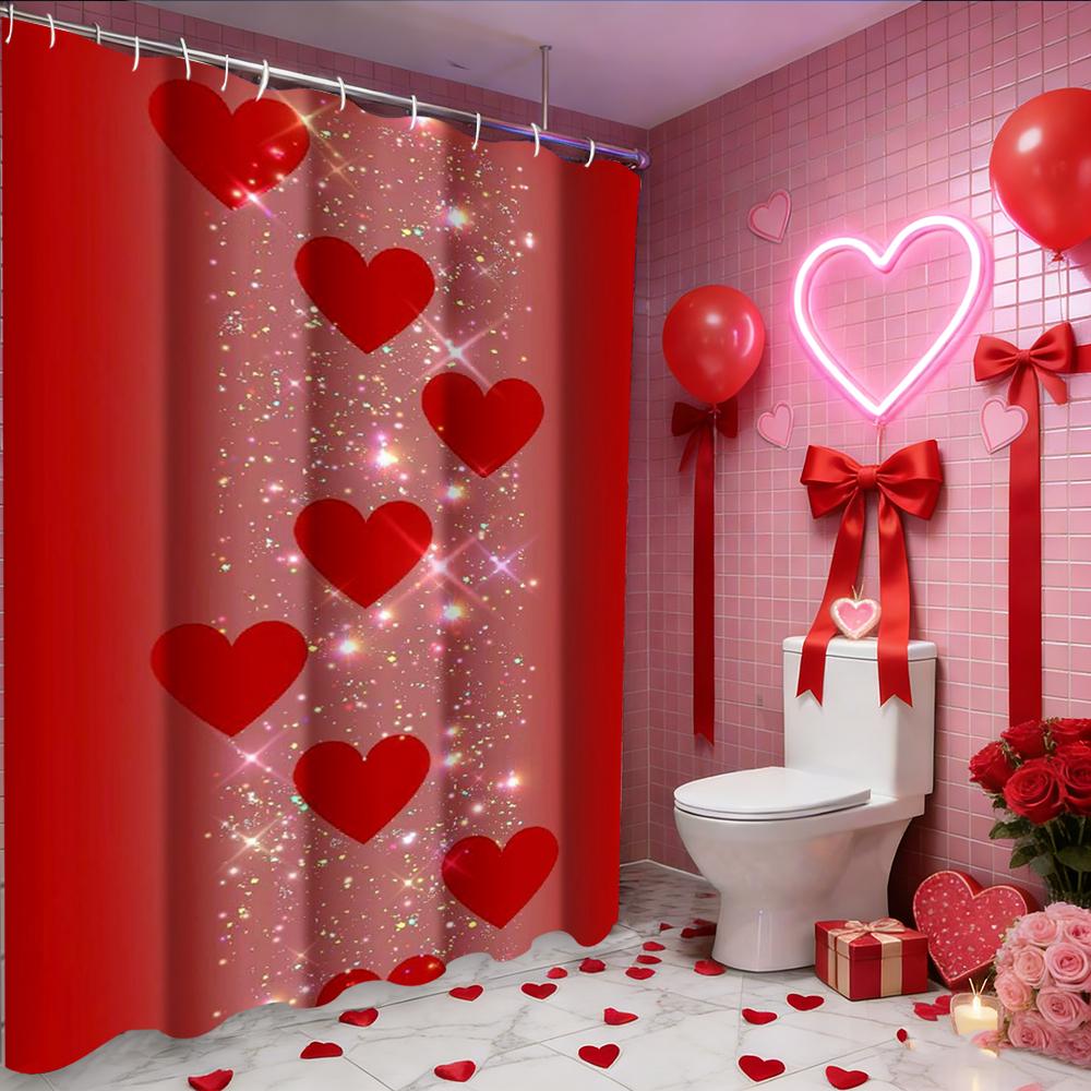 Valentine's Day Love Heart Rose shower curtain, bathroom shower waterproof curtain with 12 hooks, fish shaped home decoration