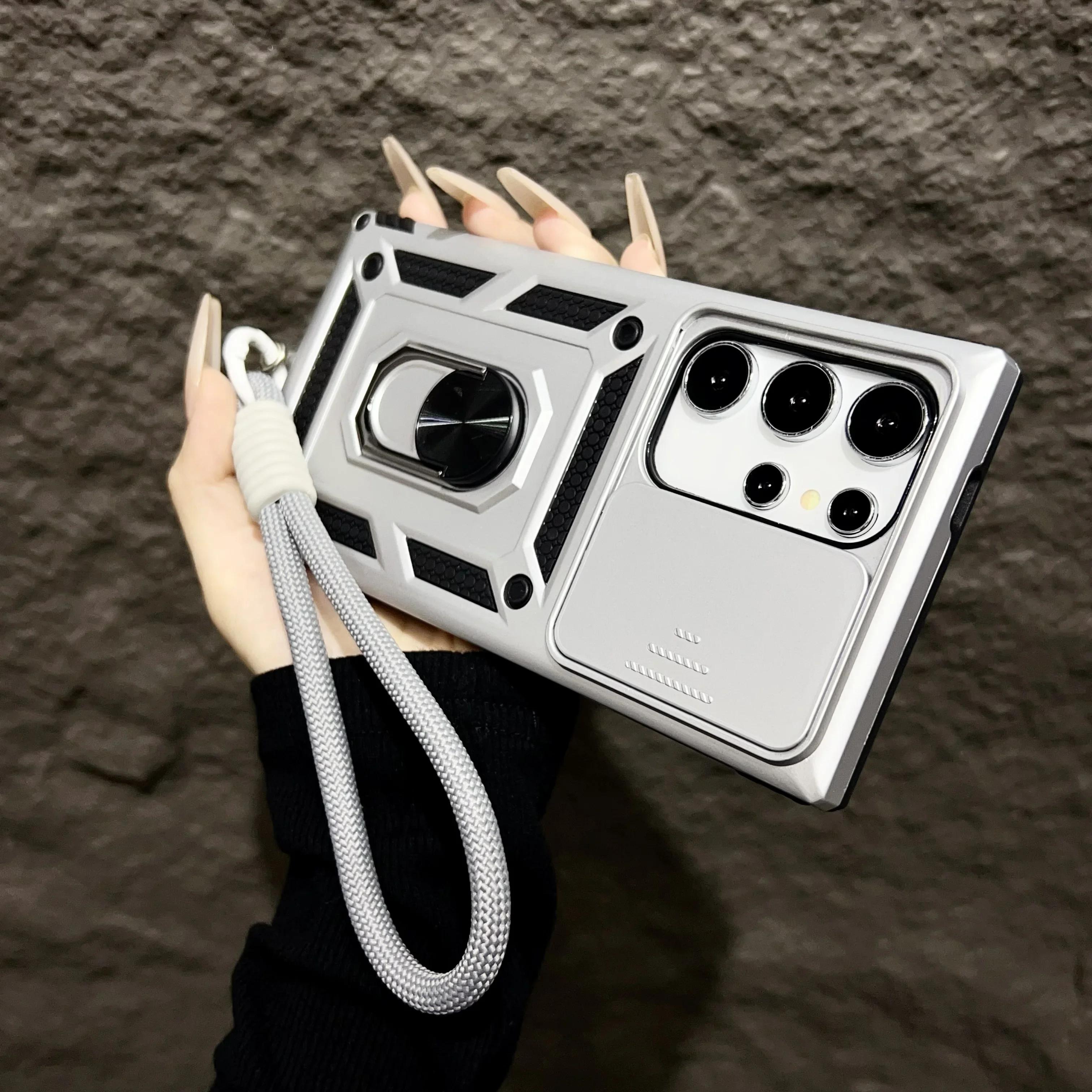 

Чехол Armor Magnetic Bracket Case для Samsung Galaxy S25 S24 S23 S22 S21 Ultra Plus с выдвижным шнурком для камеры, защитный противоударный чехол For Galaxy S23&Case & Strap серебряный