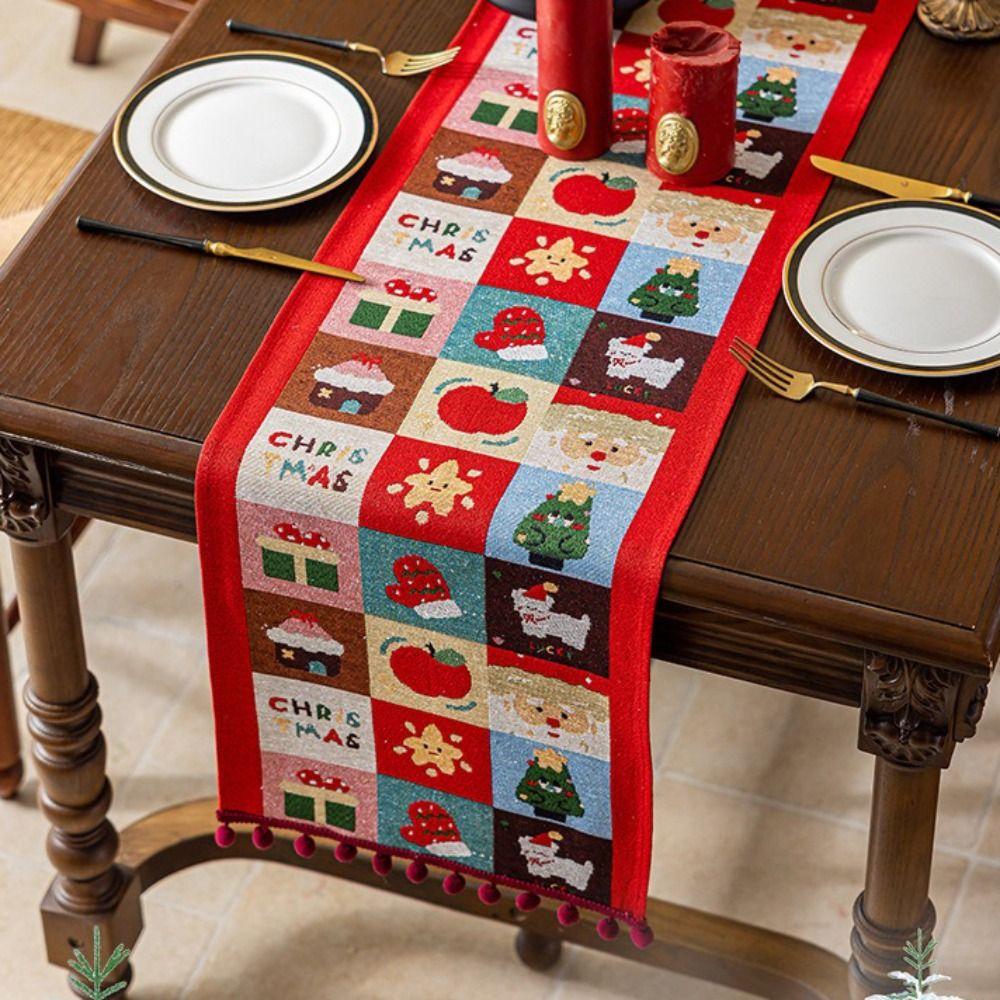 Polyester Christmas Table Runner Cartoon Pattern Snowflake Pattern Long Tablecloth Multi-Color Tassel Santa Claus Pattern