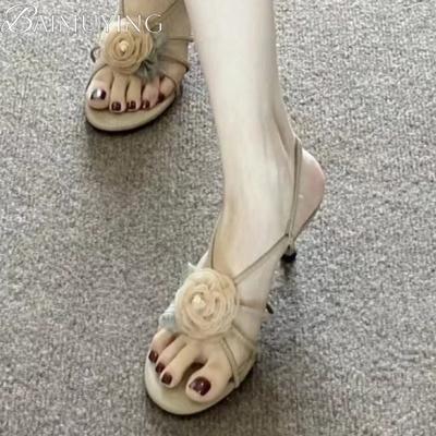 Flower Women Sandals High Heels Shoes Woman Slingback 2025 Trend Summer Elegant Loafers Dress Shallow Design Sandalias De Mujer