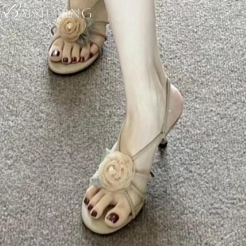 Fashion Flower Women Sandals High Heels Shoes Woman Slingback 2025 Trend Summer Elegant Loafers Dress Shallow Design Sandalias De Mujer