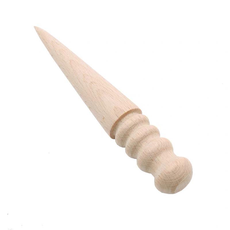 Handmade Beech Wood Leather Polishing Stick with Flat Disc, Grooved Edge, and Fine Tip for Durable Trimming.