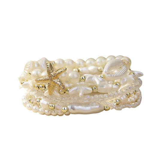 1 Set Bohemian Starfish Bracelets for Women Coastal Style Stackable Stretch Bracelets Faux Pearl Beaded Bracelets for Holiday Summer Beach