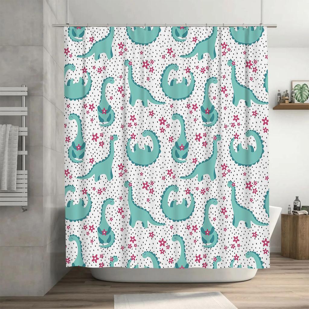 Cute Cartoon Dinosaur Printed Shower Curtain Set for Bathroom Decor Waterproof Fabric Multiple Colors Available