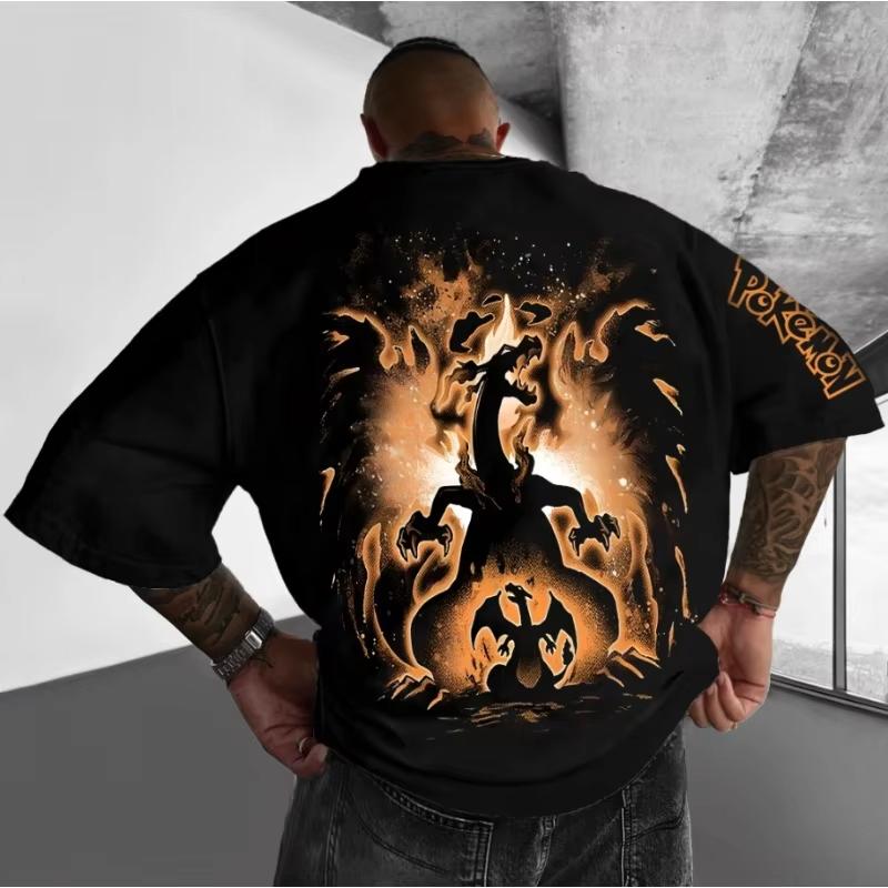 New Summer Men's Cotton T-Shirt Super Loose Charizard Printed Street Trend Casual Loose Fit Parent-child Top