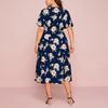 Summer Women's Dress Plus Size Flower Print V-neck Short-sleeved Dress Waist Loose Slit Mid-length Chiffon Skirt