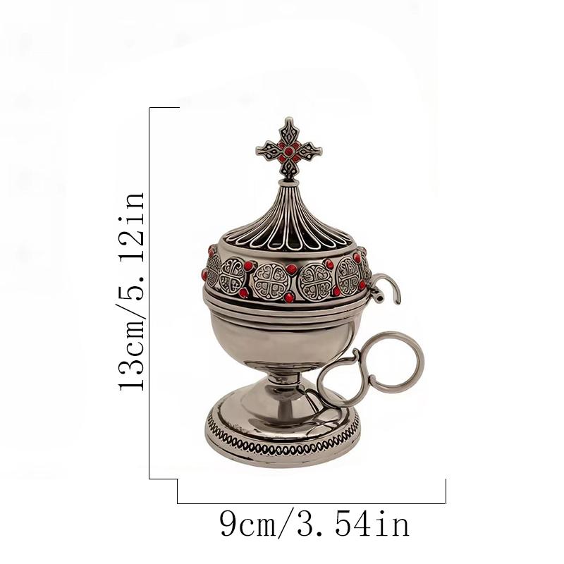 

Silver Tone Catholic Tabletop Censer with Celtic Knot, Red Gemstones and Cross Top for Home Altar Incense Burning Religious Gift білий