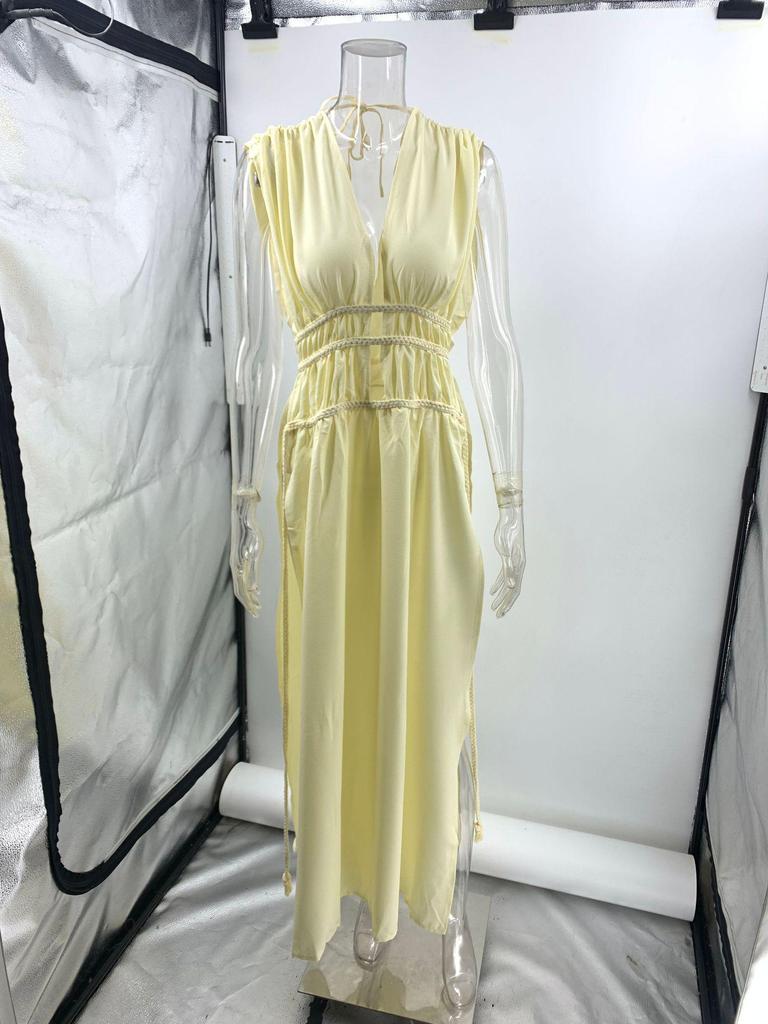 Bohemian Linen Sleeveless Braided Belt Slit Maxi Dress