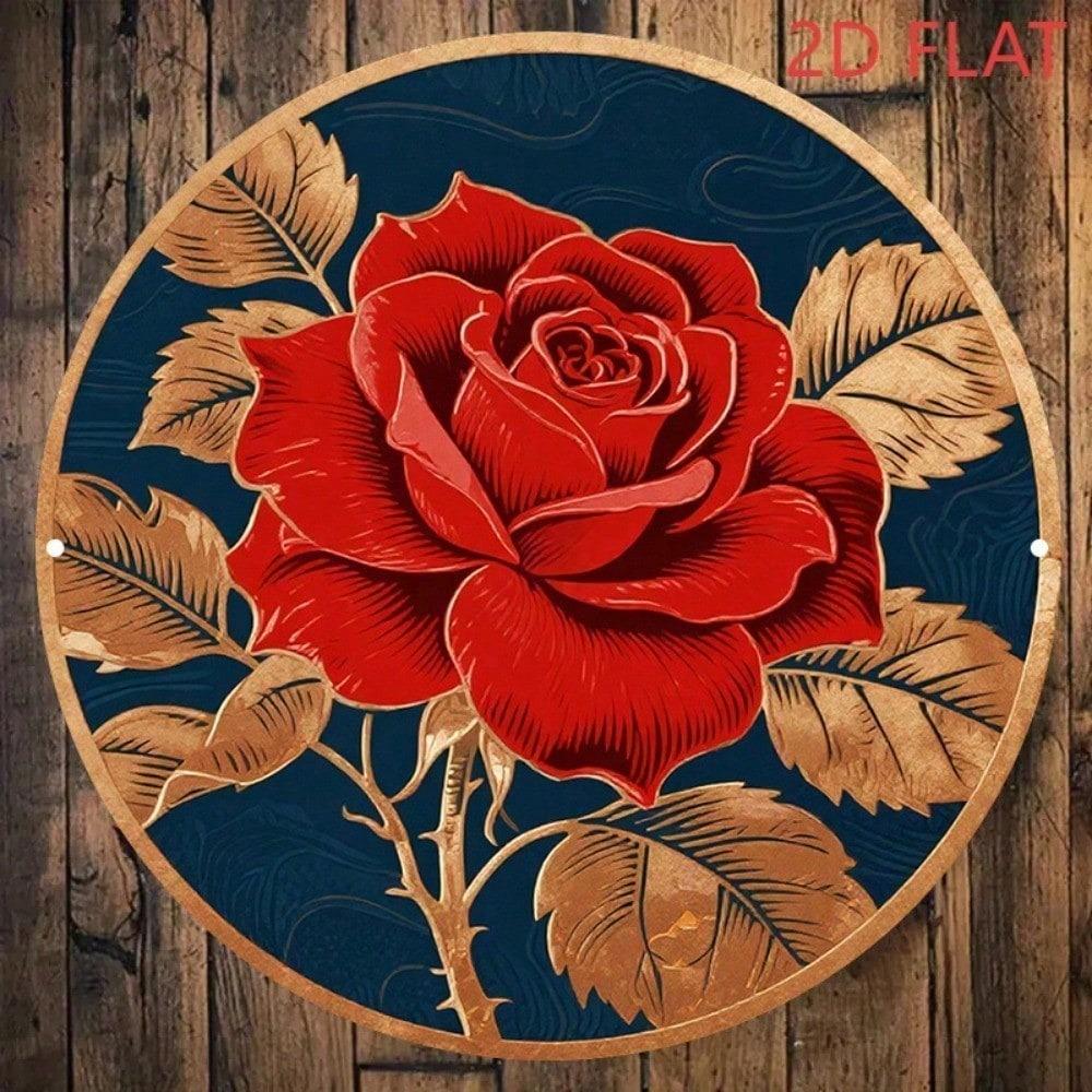 Vintage Metal Wall Art Red Rose 8x8 Inch Round Aluminum Sign Retro Golden Leaf Dark Blue Home Decor Flat Single Piece
