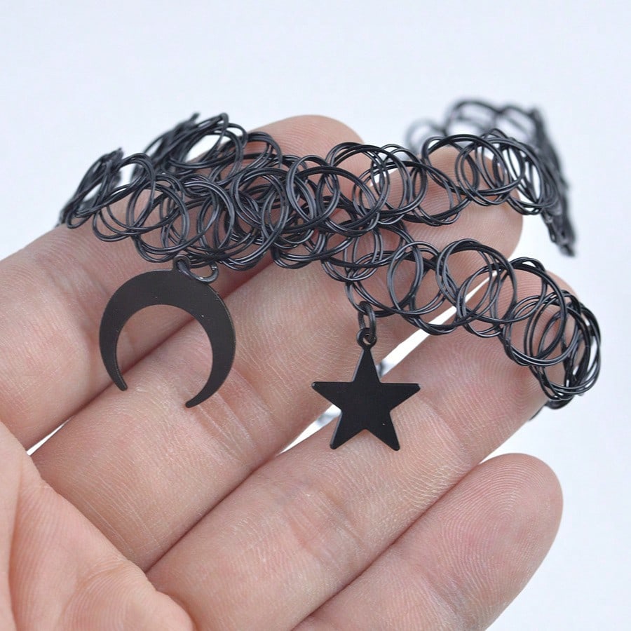 Gothic Moon Star Pendant Choker Necklace - Vintage-Inspired, Adjustable Clavicle Elastic Stretchy Chain with Hollow Design Tattoo Charms Jewelry