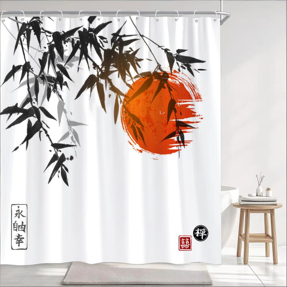 Japanese Wave Mount Fuji Plum Blossom Flower Printied Shower Curtain Waterproof Polyester Fabric Bathroom Curtains with 12 hooks