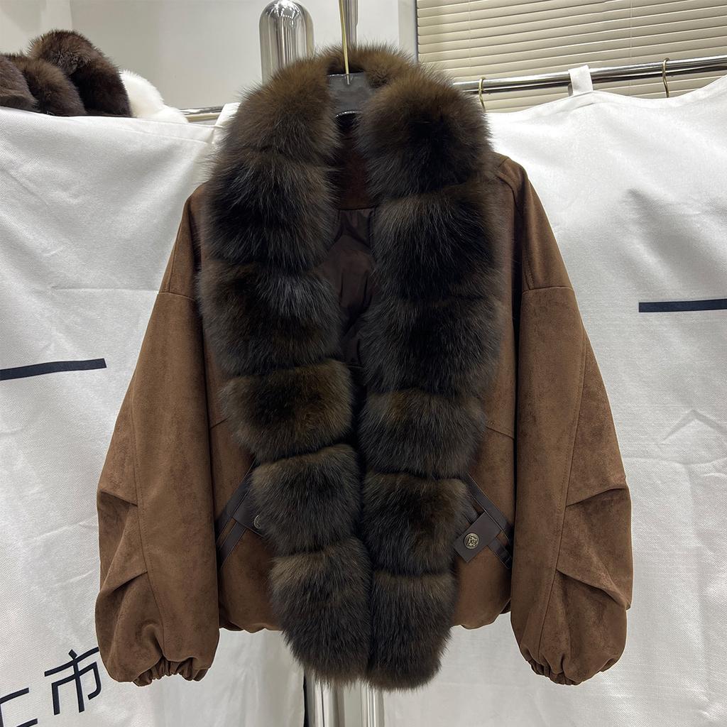Goose Down Jacket Suede Short Fox Fur Collar Down Jacket Women's Winter New Loose High-end Coat Tide