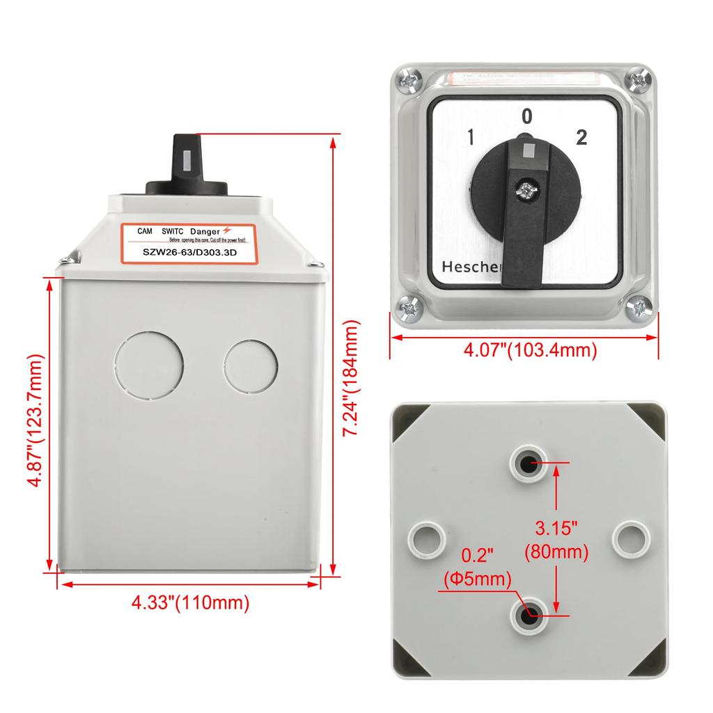 Heschen Universal Rotary Cam Selector Changeover 660V 3 Three Phase 12 with Master Switch Outer Box Switch, SZW26-63/D303.3D, 63A, ON-OFF-ON Position,