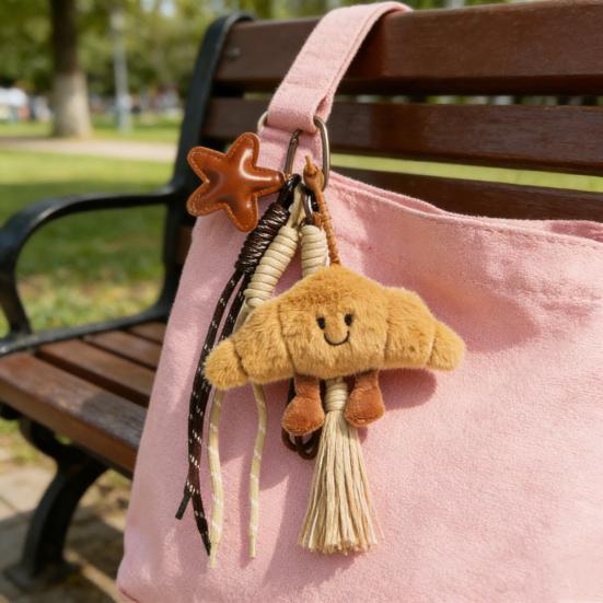 Cute Plush Keychain with Face Soft Fluffy Croissant Baguette Pendant Smiling Bread Bag Charm