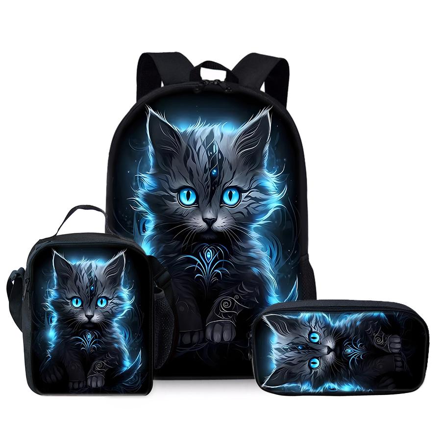 Animal Cat Three Piece Set Backpack+Lunch Bag+Pencil Case For Boy/Girls Children Best Gifts 2D Cartoon Teens Laptop SchoolBag