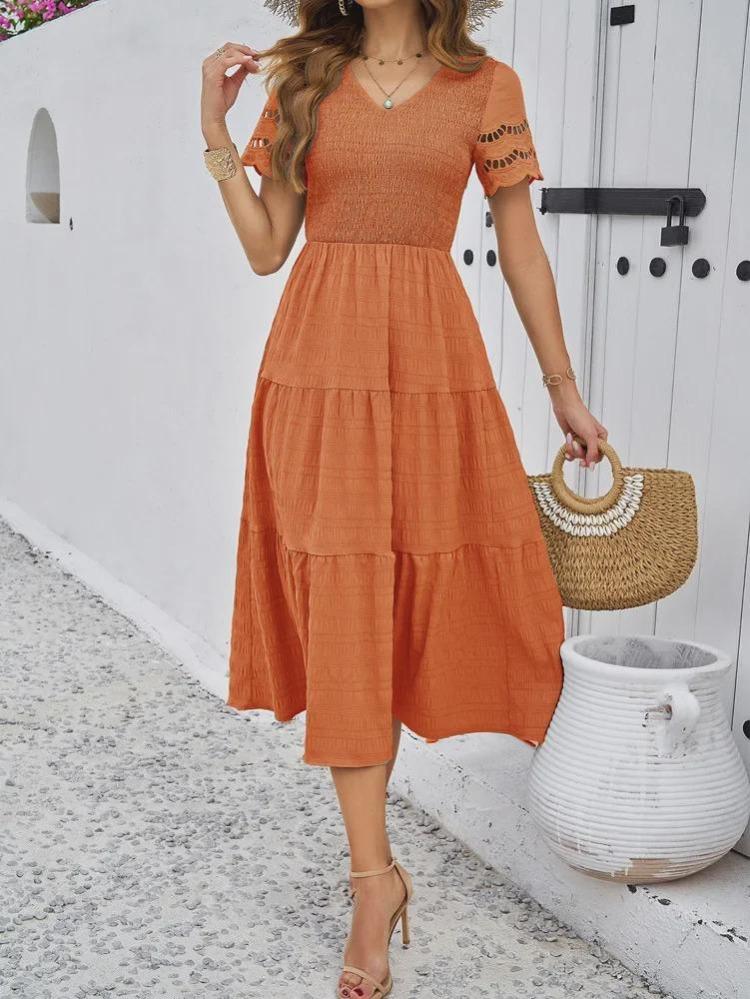 2024 Women Summer V Neck Short Sleeve Solid Color Dress European American Style Diyun Spring Fashion