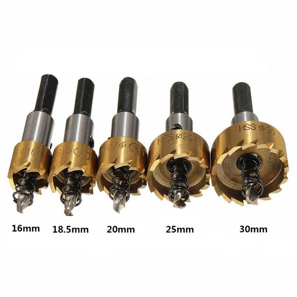 5pcs Titanium Plated Serrated Hole Opener Iron Aluminum Plate Drilling Drill Bit Hole Cutter 16-30mm Carbide Tip HSS Drill Bit