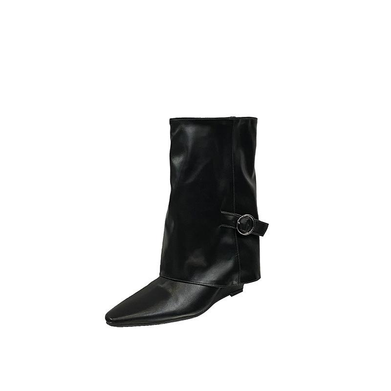 2025 Autumn New Models, French Square Head Slope Heel, European and American Fashion Inner Heel Short Boots, Belt Buckle Medium Boots