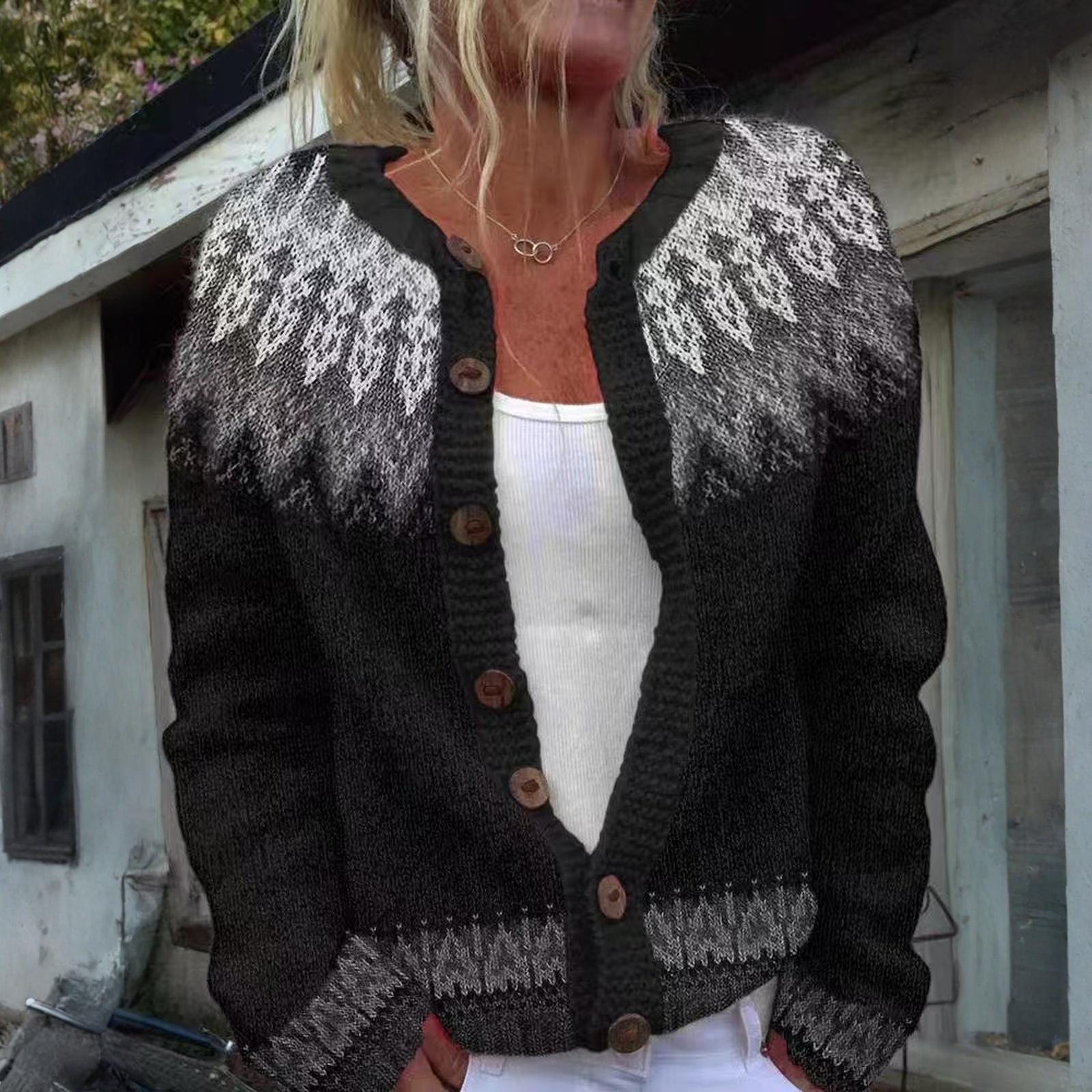 

Кардиганы в стиле Fair Isle для женщин, с круглым вырезом, свободного кроя, на пуговицах, объемный свитер, с открытой передней частью, повседневная вязаная куртка на осень M