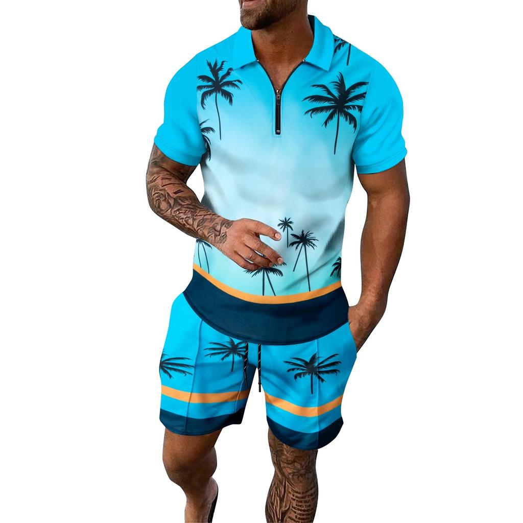 Men's Summer Printed Zipper Lapel Short Sleeve Top Shorts Suit Men's Casual Sports Suit
