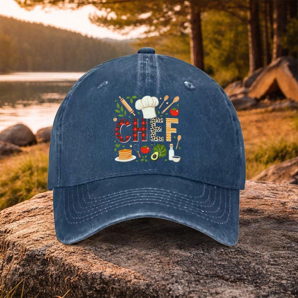 Chef Pattern Washed Baseball Cap Adjustable Cotton Outdoor Golf Sun Hat Unisex