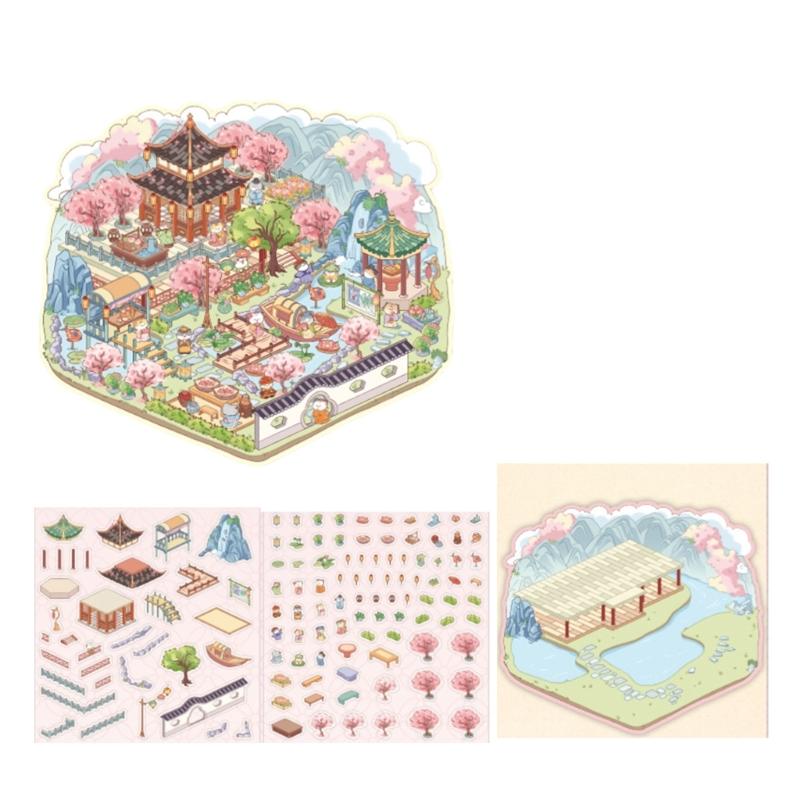 3D Scene Sticker Chinese Style Landscape Sticker Cats Hut Hand Account Sticker Labels Journaling Supplies