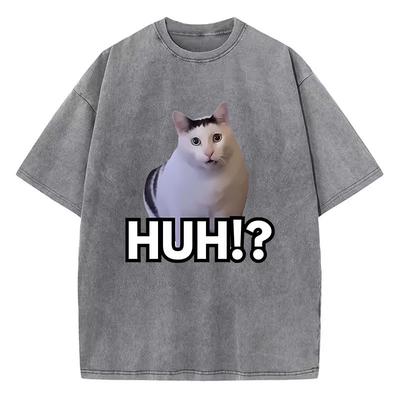 Manga T Shirt Vintage Washed Cotton T-Shirt Cat Say Huh Anime Graphic Tee Casual Streetwear Spring Summer T Shirt