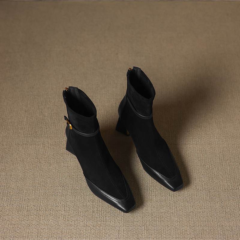 Krazing Pot Flock Cow Skin Square Toe Thick Heels Chelsea Boots Size 42 Beauty Lady Women Modern Fashion Girl Ankle Boots