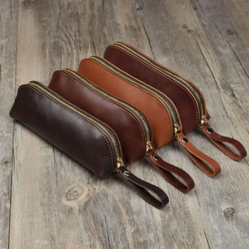 Hot Selling Crazy Horse Leather Pencil Case & Eyeglasses Bag - Unisex Zippered Storage for Stationery & Fountain Pens (Black)